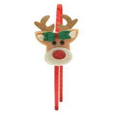 a reindeer head on top of a red stick