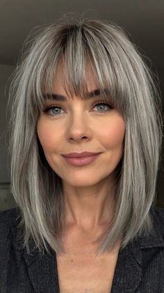 Flaunt A-Line Bob Medium Length Gray Hairstyles Shoulder Length Grey Hairstyles, Grey Lob Haircut Shoulder Length, Medium Length Hair Styles Bangs, Shoulder Length Gray Hair, Bangs With Shoulder Length Hair, Grey Bangs, Long Bob Haircuts With Bangs, Medium Haircut With Bangs, Hairstyles With Bangs Medium