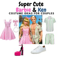 barbie and ken costume ideas for couples with text overlay that reads, super cute barbie & ken costume ideas for couples