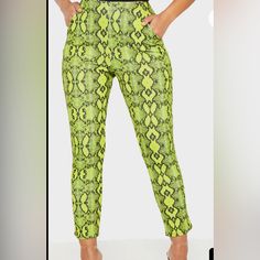 Nwot. We're Obsessing Over These Pants Right Now. Featuring A Neon Lime Snake Print Material With Pocket Detailing And A Skinny Fit. Team This With A Corset And Clear Heels For The Ultimate Going ‘Out’ Out Look. High Waisted Black Leggings, Black High Waist, Clear Heels, Chevron Print, Green Satin, Side Stripe, Pocket Detail, High Waisted Leggings, Snake Print