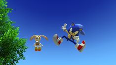 sonic the hedgehog and his friends are flying through the air in front of some trees