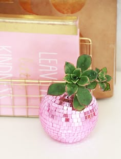 a pink vase with a green plant in it next to a gold and pink sign