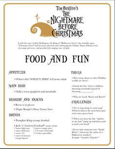 the flyer for food and fun at tim burton's night maree before christmas