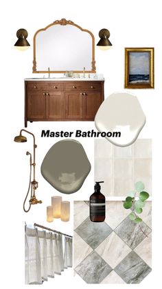 bathroom mood board with white and brown accents, wood vanity, marble tile flooring