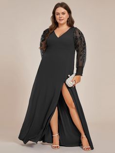 Formal Evening Dress, Evening Dresses Plus Size, Ever Pretty, Affordable Dresses, Dress Dusty, Black Evening Dresses, Chiffon Long Sleeve, Intricate Embroidery, Formal Evening Dresses