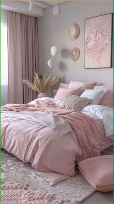 a bed with pink comforters and pillows in a bedroom next to a large window