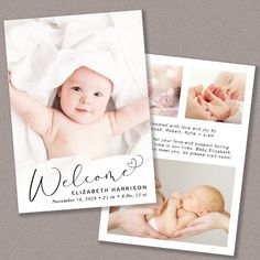 a birth announcement with photos of a baby and the words welcome to you on it