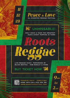 a poster for roots reggae festival with palm trees and red, yellow and green colors