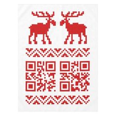 a red and white cross stitch pattern with reindeers