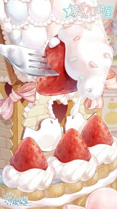 an anime scene with strawberries being cut by a fork and surrounded by other food items