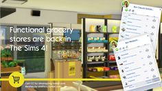 an image of a store with the text functional grocery stores are back in the sims 4