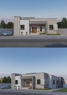 two different views of a modern house with cars parked in the driveway and on the street