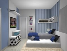 a bedroom with blue and white striped walls, carpeted flooring and a bed in the corner