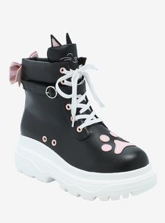 Step out in the most purr-fect pair of hi-tops right meow! These kawaii sneakers have a black faux leather body with a pink paw at the toe and a pink bow on the back. A black cat is depicted on the tongue complete with 3D ears.Polyurethane top; rubber soleImported Black Kawaii Outfits, Goth Kawaii Fashion, Shoe References, Kawaii Sneakers, Black Kawaii, Cat Outfit, Goth Kawaii, Pink Paws, Cat Shoes