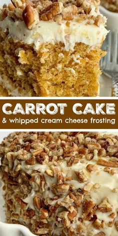 carrot cake and whipped cream cheese frosting with pecans