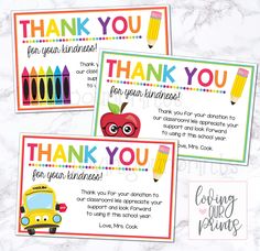 three thank cards with pencils and an apple