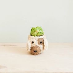 a stuffed animal with a potted plant in it's head on a table