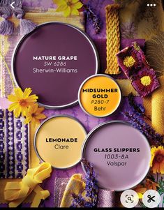 three shades of purple and yellow are featured in this image