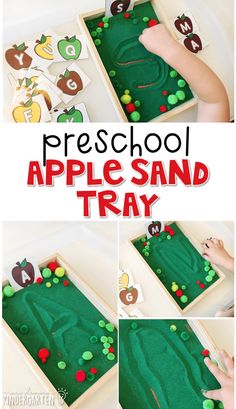 an apple sand tray is shown with the words preschool and it has apples on it