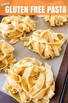 homemade gluten free pasta on a baking sheet with text overlay that reads easy gluten free pasta