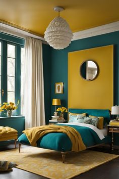 a bedroom with yellow and teal colors on the walls