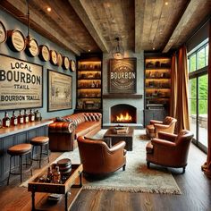 a living room filled with lots of furniture next to a fire place in a fireplace