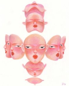 a drawing of five heads with different angles and shapes in the shape of an upside down face