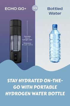 Comparison of Echo Go+ hydrogen water bottle and standard bottled water with text: "Stay hydrated on-the-go with portable hydrogen water bottle".