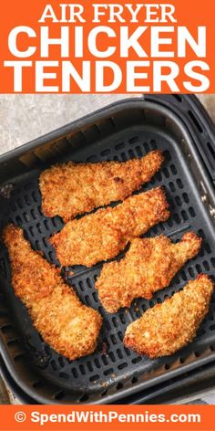 air fryer chicken tenderies on the grill with text overlay