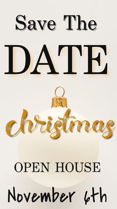 save the date christmas open house poster with ornament and bauble on white background