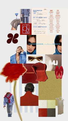 the collage is made up of many different items and colors, including red shoes