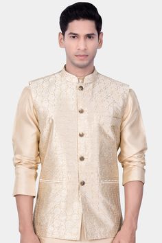 Introducing our exquisite Pearl Bush Cream hexagon Designer Embroidered Nehru Jacket, a fusion of traditional charm and contemporary elegance. Perfect for weddings, engagements, or any party occasion, this jacket exudes sophistication and style. Crafted with intricate embroidery, it adds a touch of regal flair to your ensemble. Versatile as casual wear, it pairs seamlessly with Kurta Jacket Sets, offering a refined Nehru Jacket option for men seeking timeless sophistication in their attire. In a Elegant Gold Bandhgala With Cutdana, Elegant Gold Nehru Jacket With Cutdana, Elegant Nehru Jacket With Intricate Embroidery For Transitional Season, Gold Nehru Jacket With Intricate Embroidery For Festive Occasions, Elegant Nehru Jacket With Intricate Embroidery For Festive Season, Nehru Jacket With Gold Embroidery For Eid Reception, Elegant Festive Nehru Jacket With Zari Work, Long Sleeve Nehru Jacket With Intricate Embroidery For Reception, Elegant Resham Embroidery Outerwear For Transitional Season