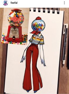 a drawing of a woman in red pants next to a gumball machine and candy