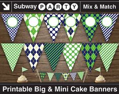 pink, green and white polka dot bunting banner on wooden background with free printable tags