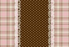 a brown and pink plaid fabric with white polka dots on the border, as well as a lace edge