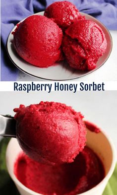 raspberry honey sorbet in a white bowl