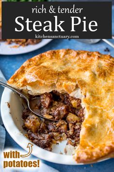 a close up of a pie on a plate with the words how to make slow cooked steak pie