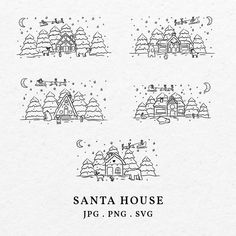 the santa house pattern is shown in black and white, with three different houses on each side