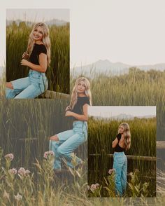 a woman sitting in tall grass with her legs crossed and wearing high waisted jeans