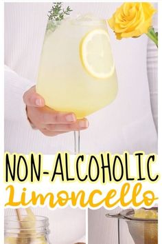 a person holding a glass with lemonade in it and the words non - alcoholic limoo