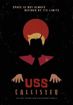 the movie poster for uss calister is shown in black and red with an orange circle