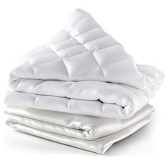 three pillows stacked on top of each other in white and grey colors, one is folded over the other