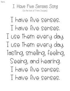 a poem written in black and white with the words i have five senses song