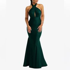 Cynthia & Sahar Ximena Style Cs112 Luxe Stretch Satin Evergreen Xl Ximena Turn Heads In This Alluring Floor-Length Mermaid Gown, Complete With An Open Back And Crisscross Halter Neckline That Creates A Peekaboo Cutout. Designed From A Luxe Stretch Satin Fabric, This Stunning Dress Extends Into A Mermaid Skirt With A Subtle Train, Enhancing An Hourglass Silhouette. Center Back Zip 82% Nylon 18% Spandex Fully Lined Hand-Wash Only Imported New With Tags Msrp: $289 Size Xl Approximate Measurements F Fitted Dark Green Evening Dress, Fitted Dark Green Gown For Gala, Dark Green Fitted Evening Dress, Fitted Dark Green Floor-length Dress, Dark Green Fitted Floor-length Dress, Dark Green Evening Dress For Gala, Elegant Fitted Dark Green Gown, Dark Green Gala Evening Dress, Fitted Dark Green Dress For Wedding