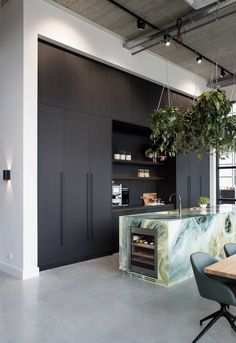 an open kitchen with black cabinets and marble counter tops, along with green plants hanging from the ceiling