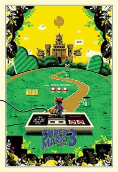 an advertisement for the nintendo game super mario bros on a green field with trees and buildings