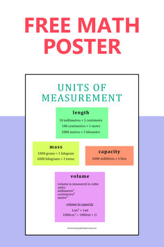 a poster with the words, free math poster units of measurement in red and green