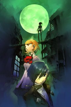 two anime characters are standing in front of a full moon with the same person looking at them