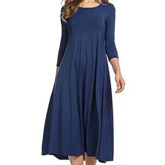 Hotouch Women's 3/4 Sleeve A-Line And Flare Midi Long Dress Blue Half Sleeve Dresses For Fall, Spring Midi Dress With 3/4 Sleeves And Stretch, Blue 3/4 Sleeve Dresses For Fall, Blue 3/4 Sleeve Dress For Fall, Blue Half Sleeve Midi Dress, Casual Blue Midi Dress With 3/4 Sleeves, Vacation Maxi Dress, Denim Jean Dress, Chic Maxi Dresses