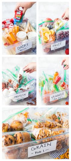 several pictures of food in plastic containers and labeled with the words clean diet on them